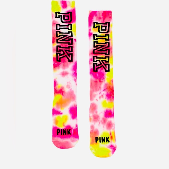 NWT PINK VICTORIA’S SECRET KNEE HIGH SOCKS IN PINK/YELLOW  TIE DYE - Picture 1 of 5